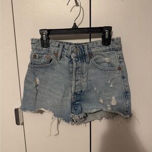 Zara High Waisted Distressed Denim Shorts - Light Blue
